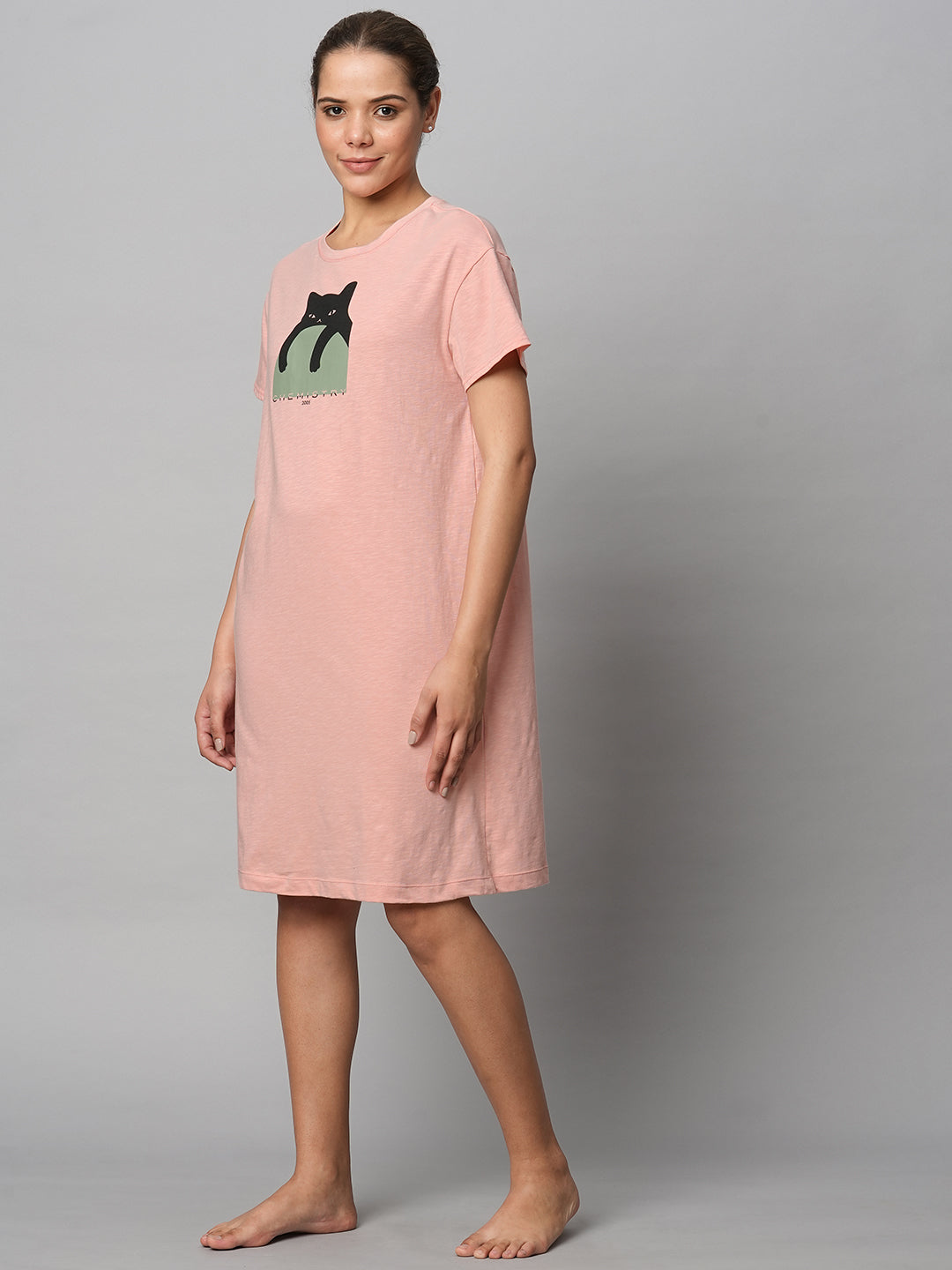 Cotton Slub Jersey Cat Print Tee Dress