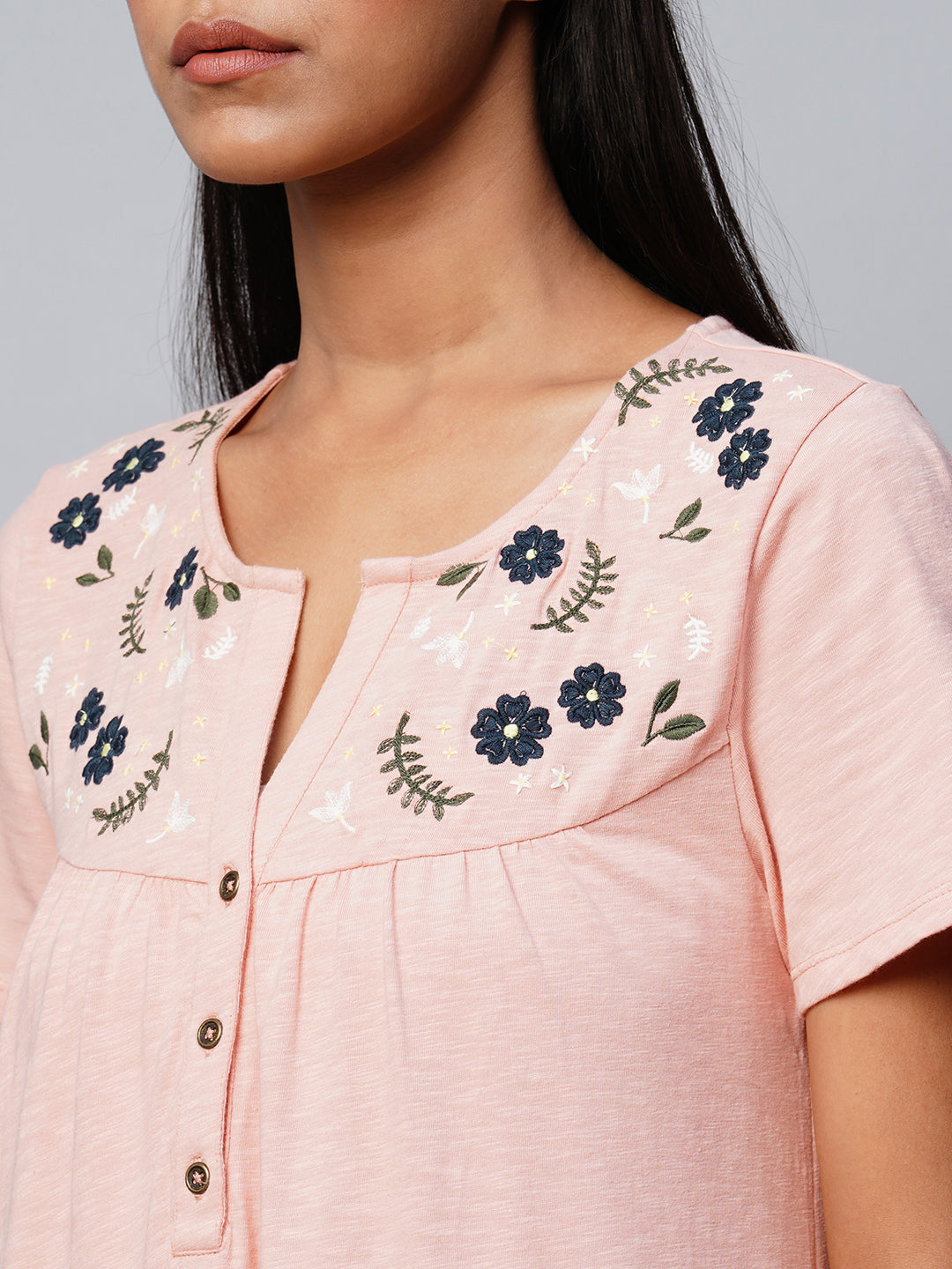 Cotton Slub Embroidered Yoke Nightdress