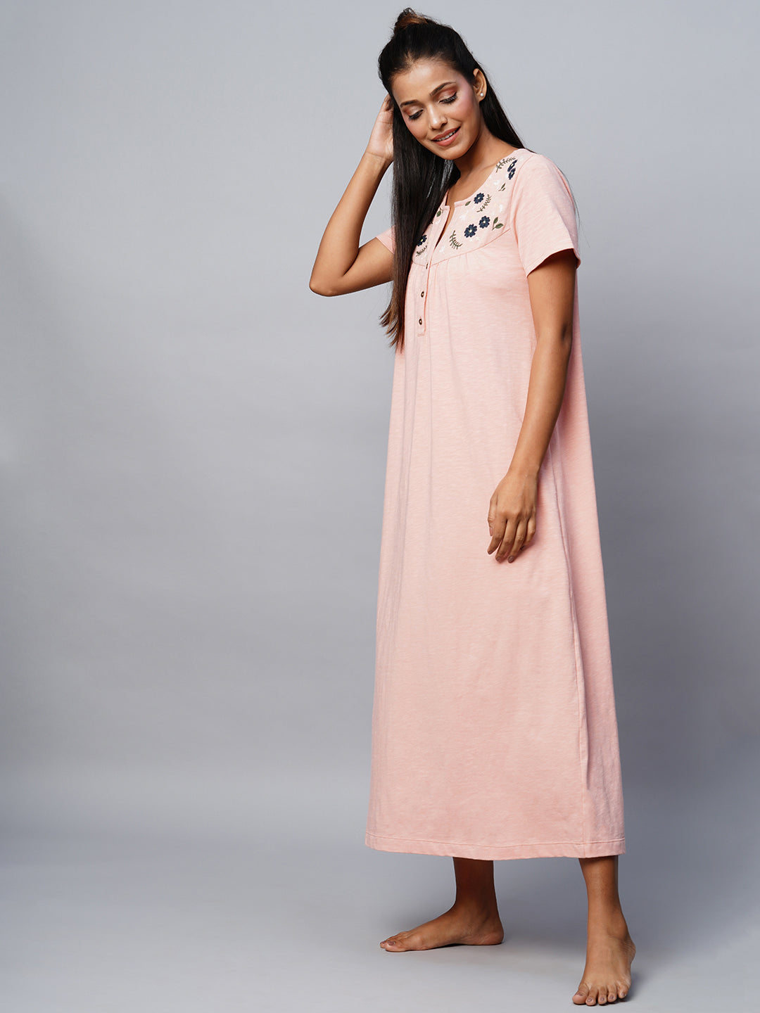 Cotton Slub Embroidered Yoke Nightdress