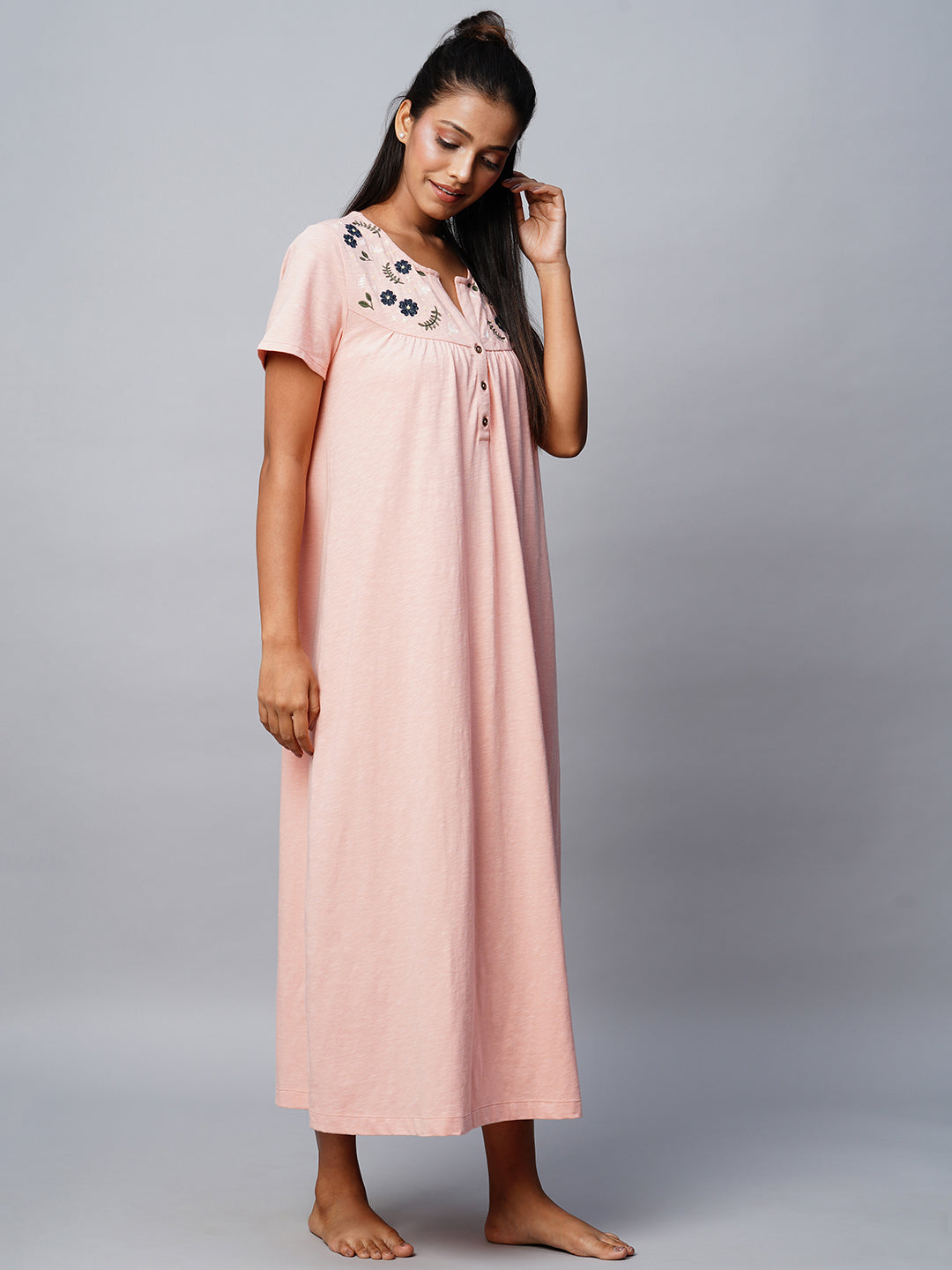 Cotton Slub Embroidered Yoke Nightdress