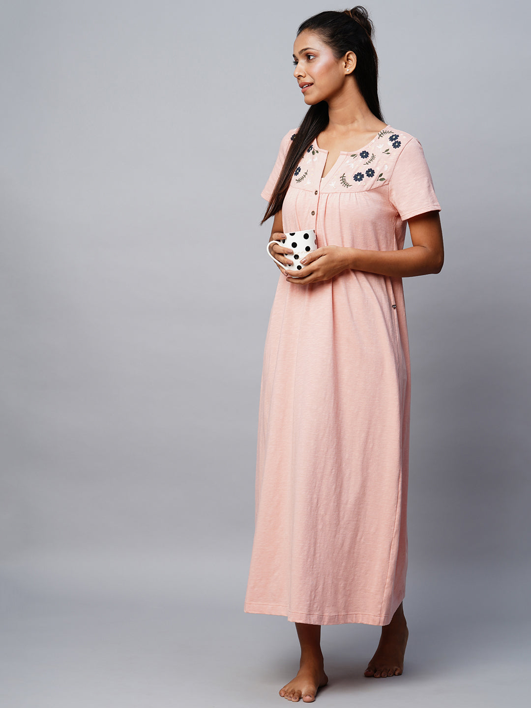 Cotton Slub Embroidered Yoke Nightdress