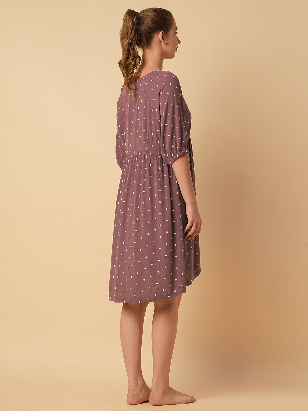 Crinkle Viscose Polka Dot Basque Dress – Elegant, Lightweight Midi