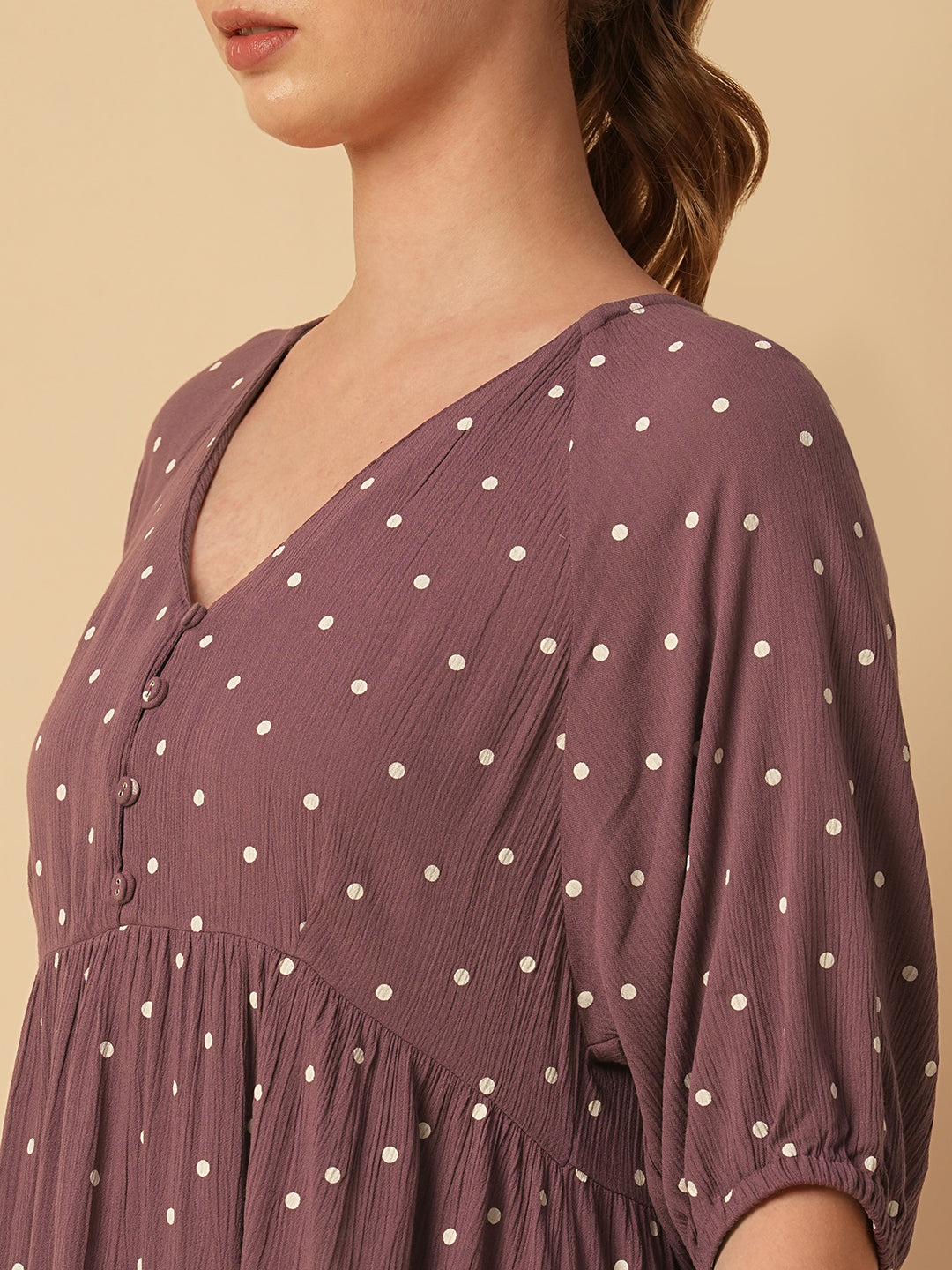 Crinkle Viscose Polka Dot Basque Dress – Elegant, Lightweight Midi