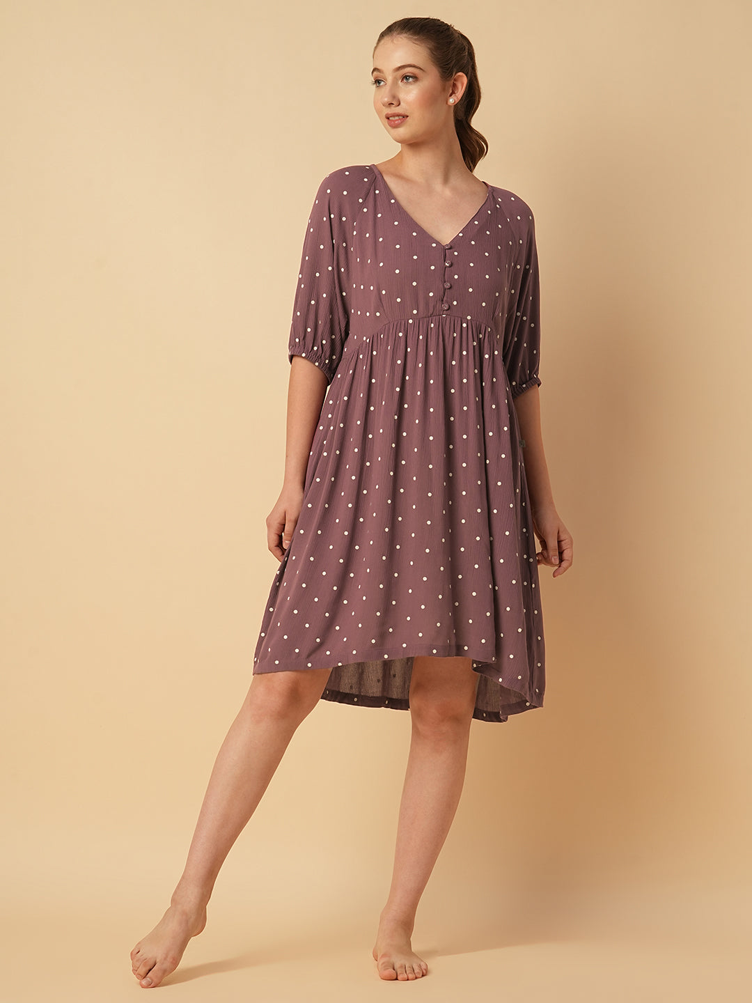 Crinkle Viscose Polka Dot Basque Dress – Elegant, Lightweight Midi