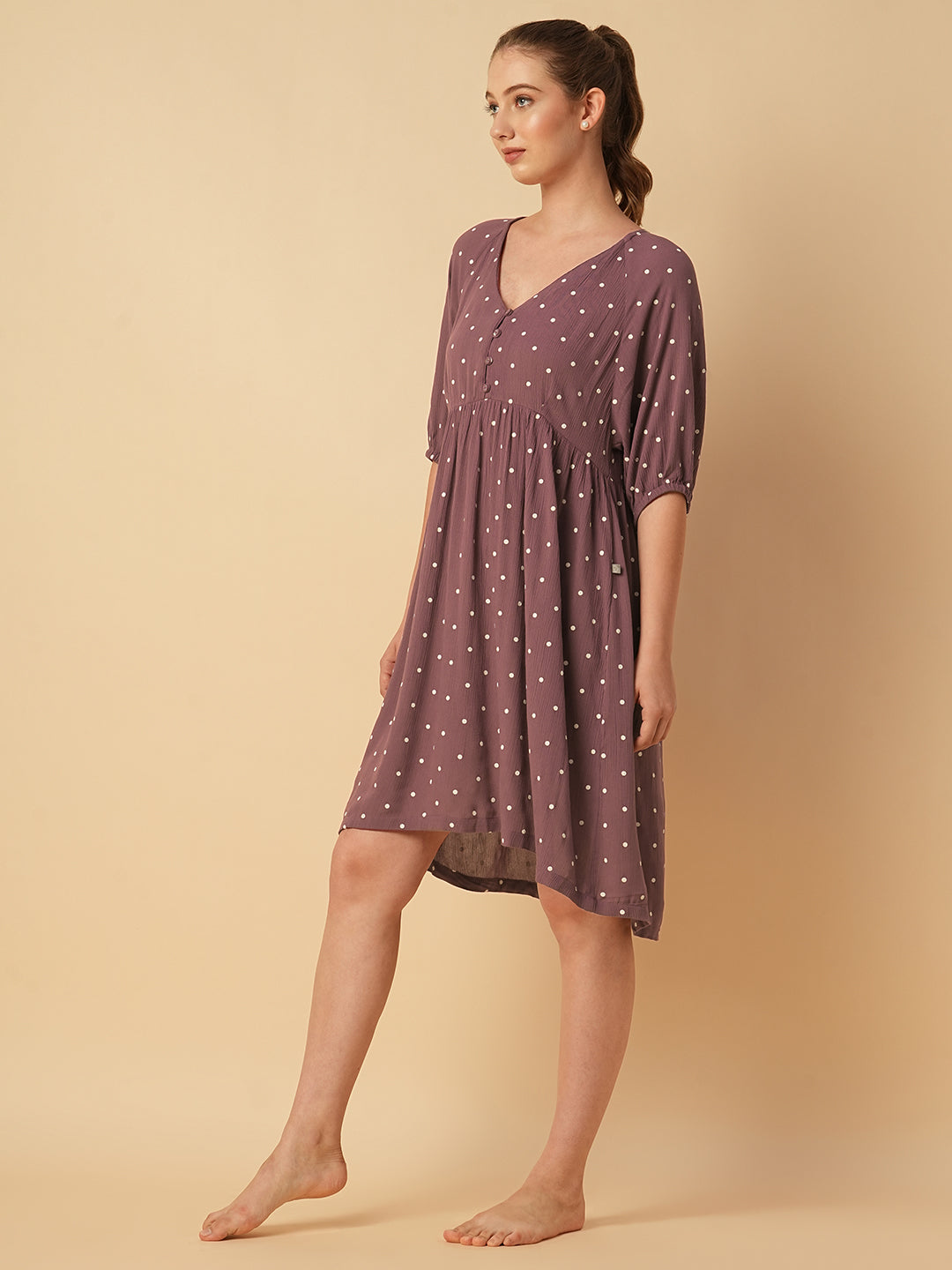 Crinkle Viscose Polka Dot Basque Dress – Elegant, Lightweight Midi