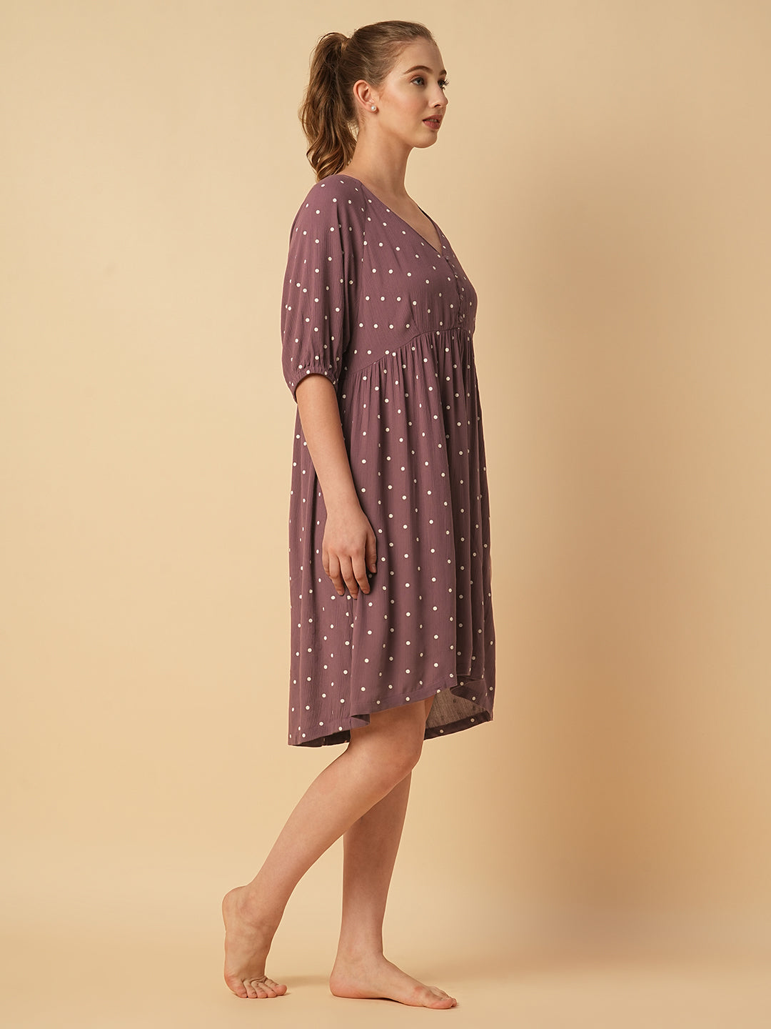 Crinkle Viscose Polka Dot Basque Dress – Elegant, Lightweight Midi