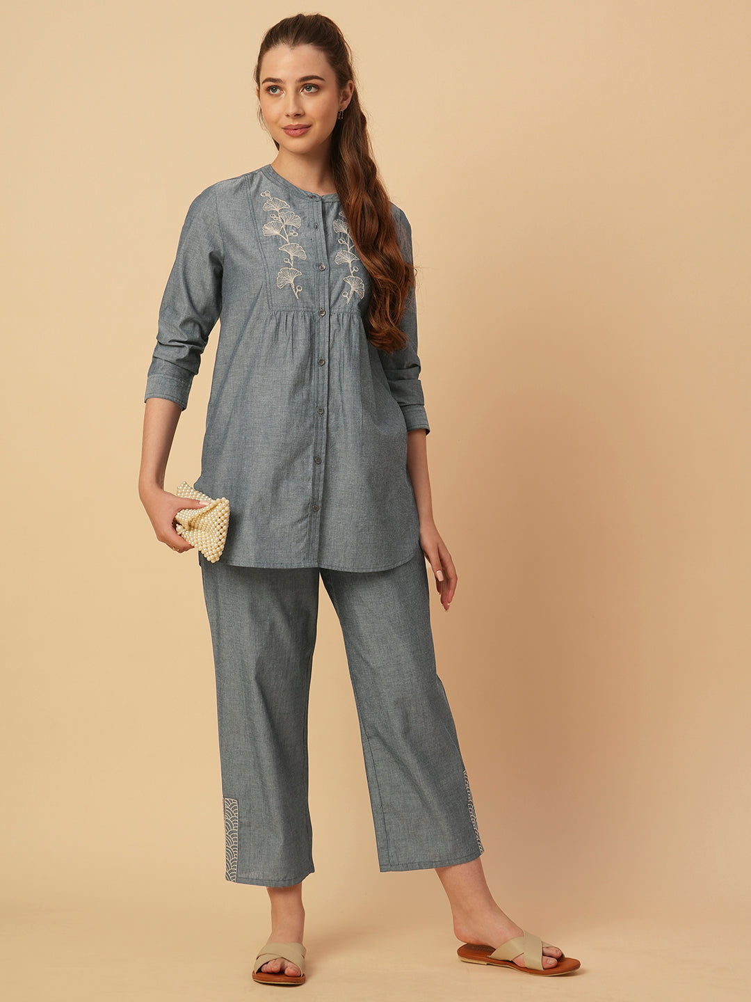 Description Change Test - CHAMBRAY EMBROIDERED DRAWSTRING PANTS