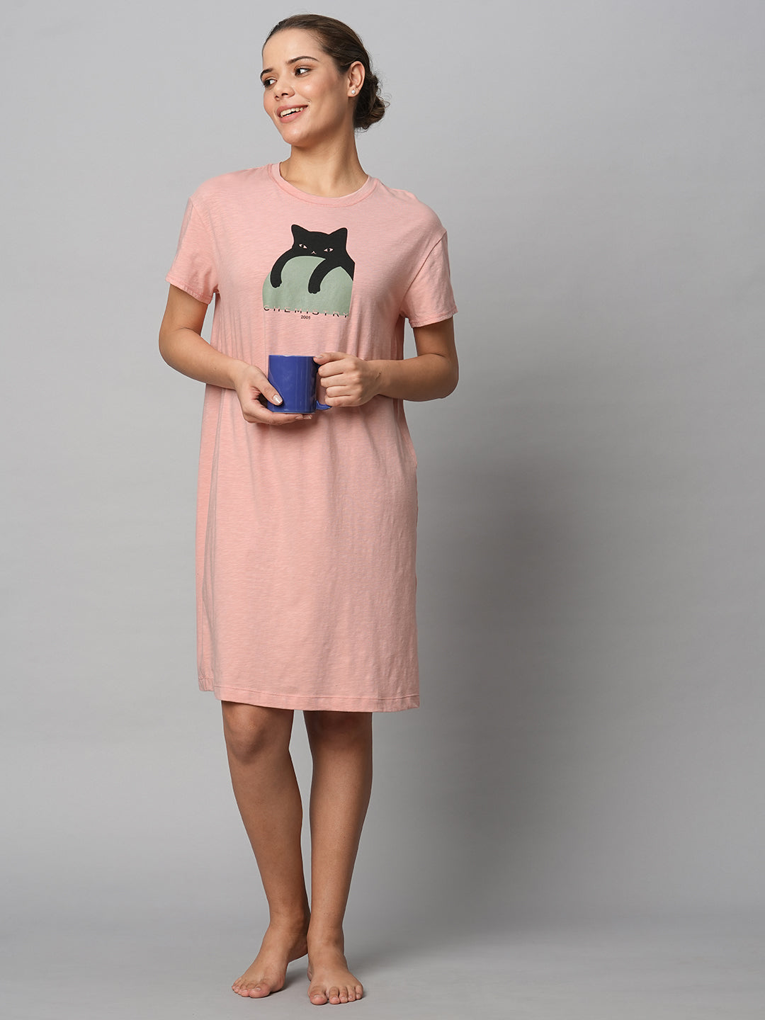 Cotton Slub Jersey Cat Print Tee Dress