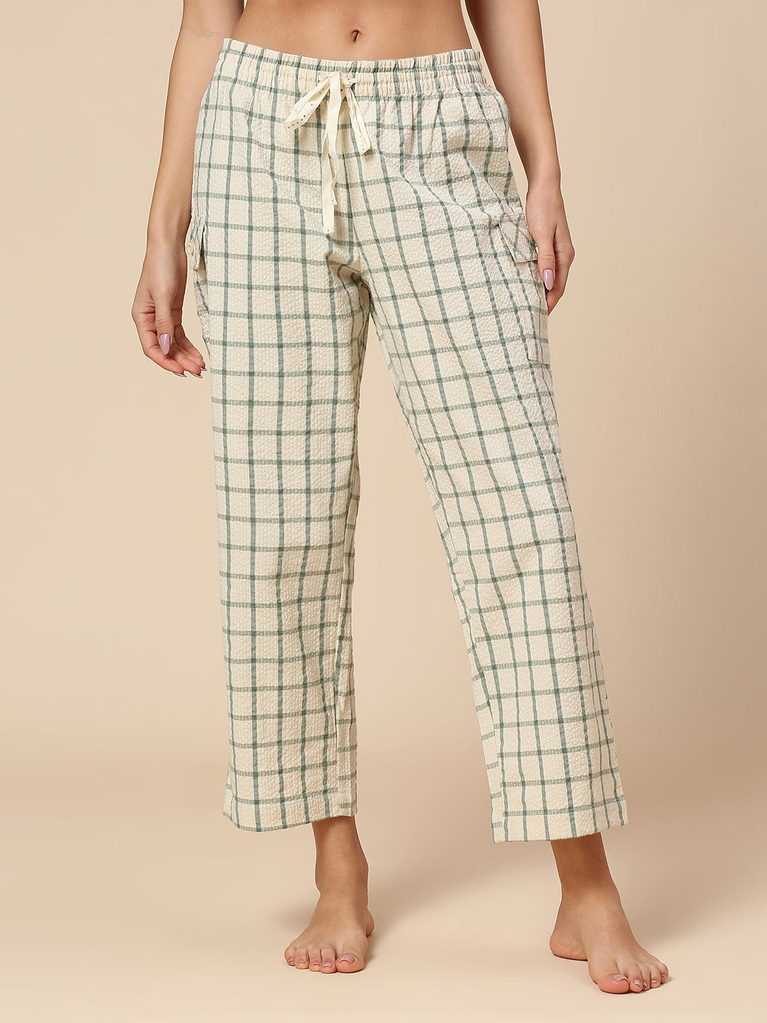 CHECKERED SEERSUCKER CROPPED PJ'S W/ CARGO POCKETS
