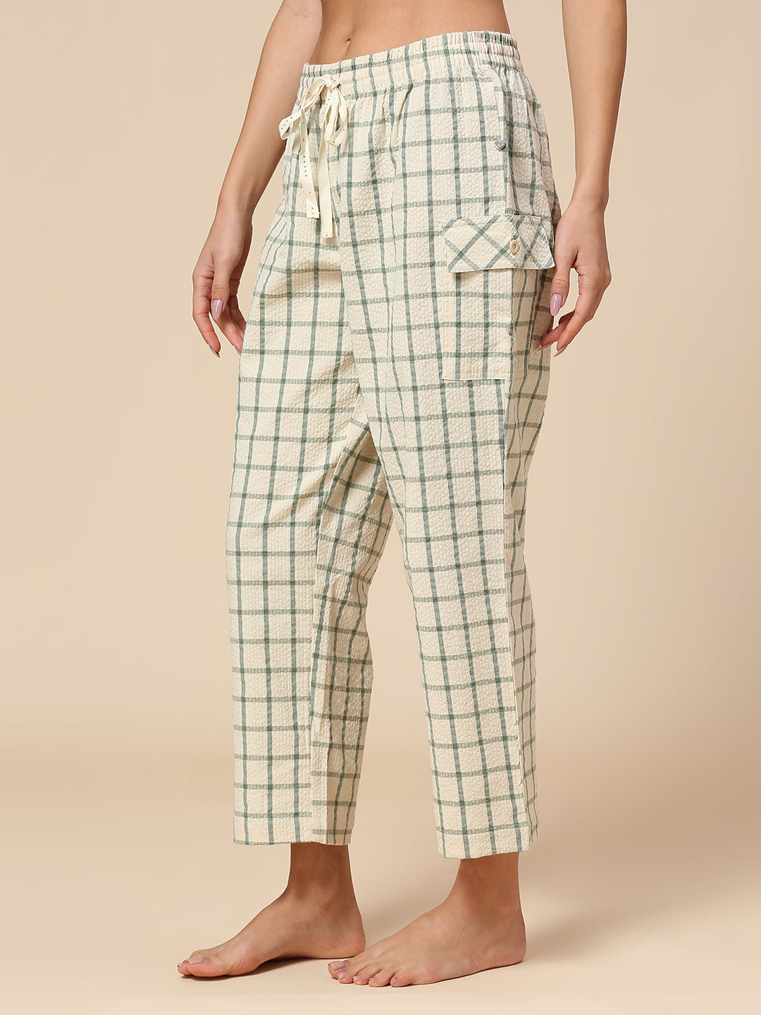 CHECKERED SEERSUCKER CROPPED PJ'S W/ CARGO POCKETS