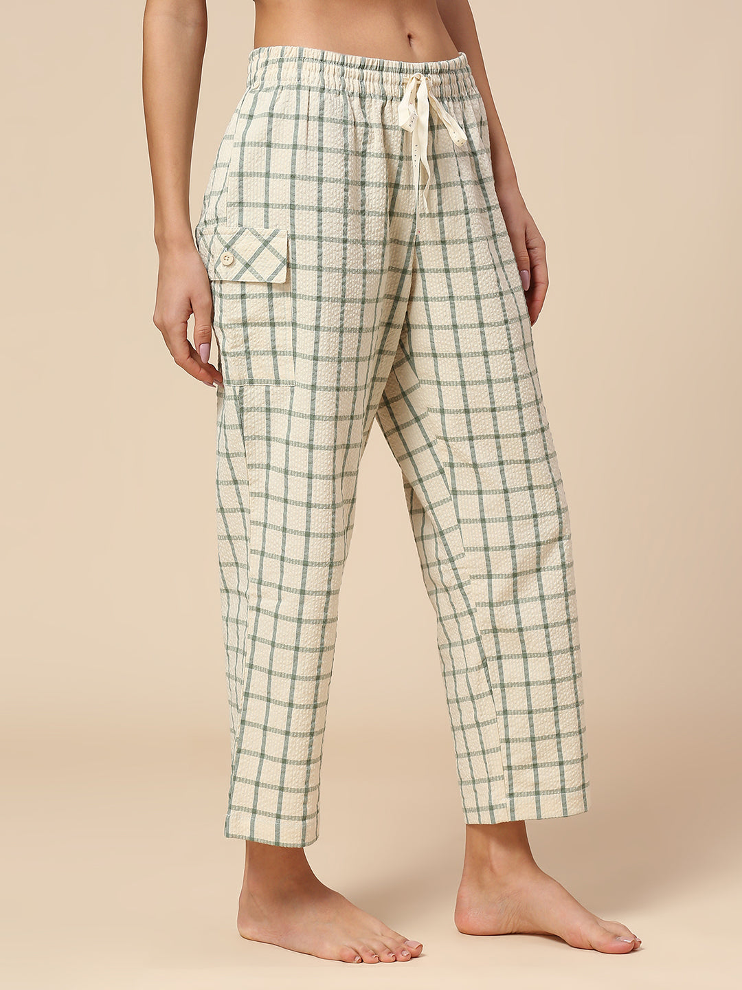 CHECKERED SEERSUCKER CROPPED PJ'S W/ CARGO POCKETS