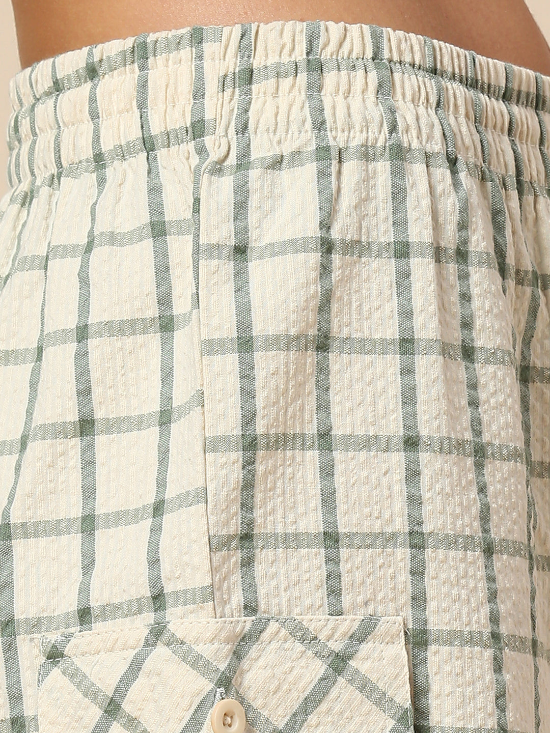 CHECKERED SEERSUCKER CROPPED PJ'S W/ CARGO POCKETS