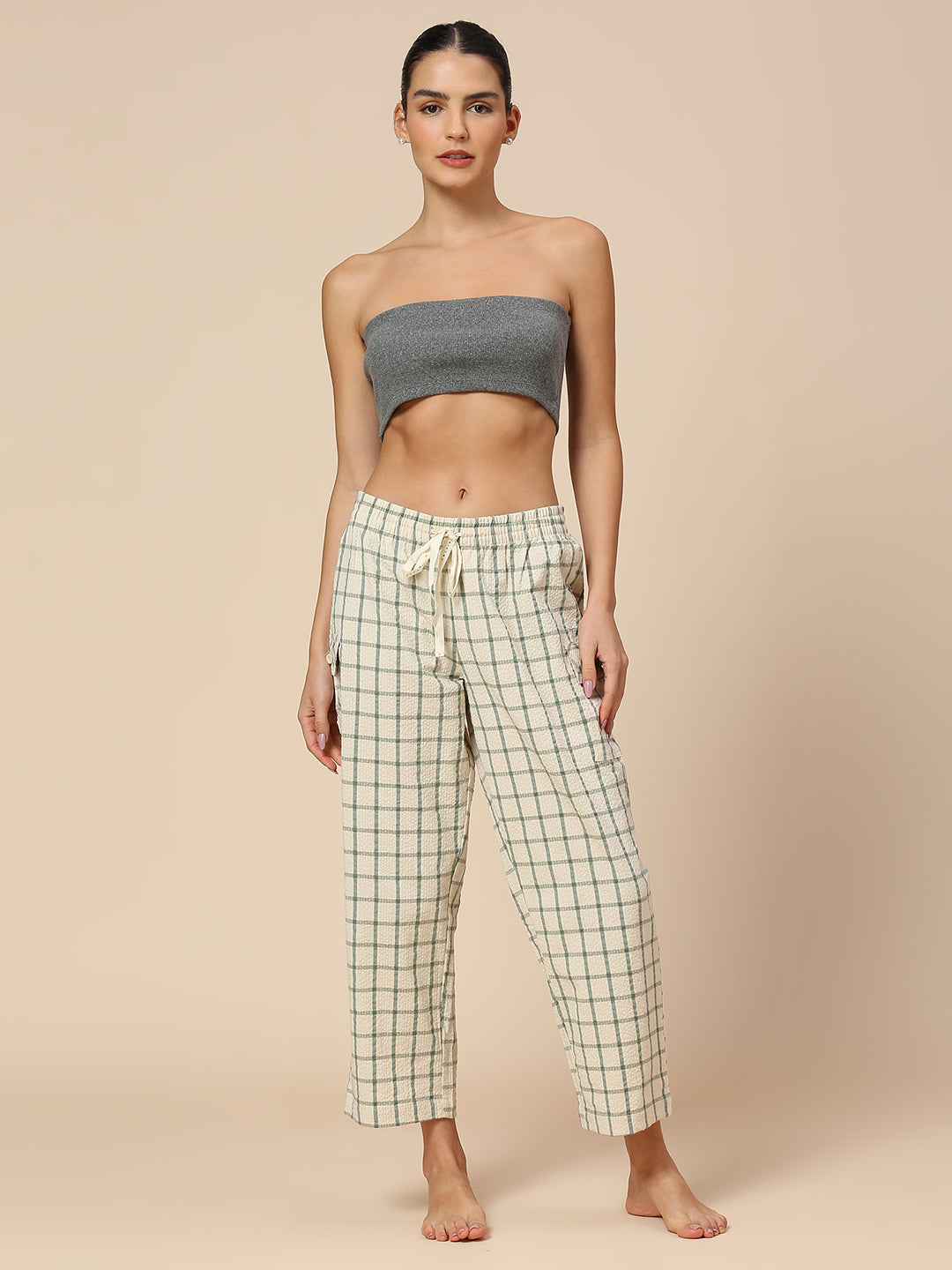 CHECKERED SEERSUCKER CROPPED PJ'S W/ CARGO POCKETS