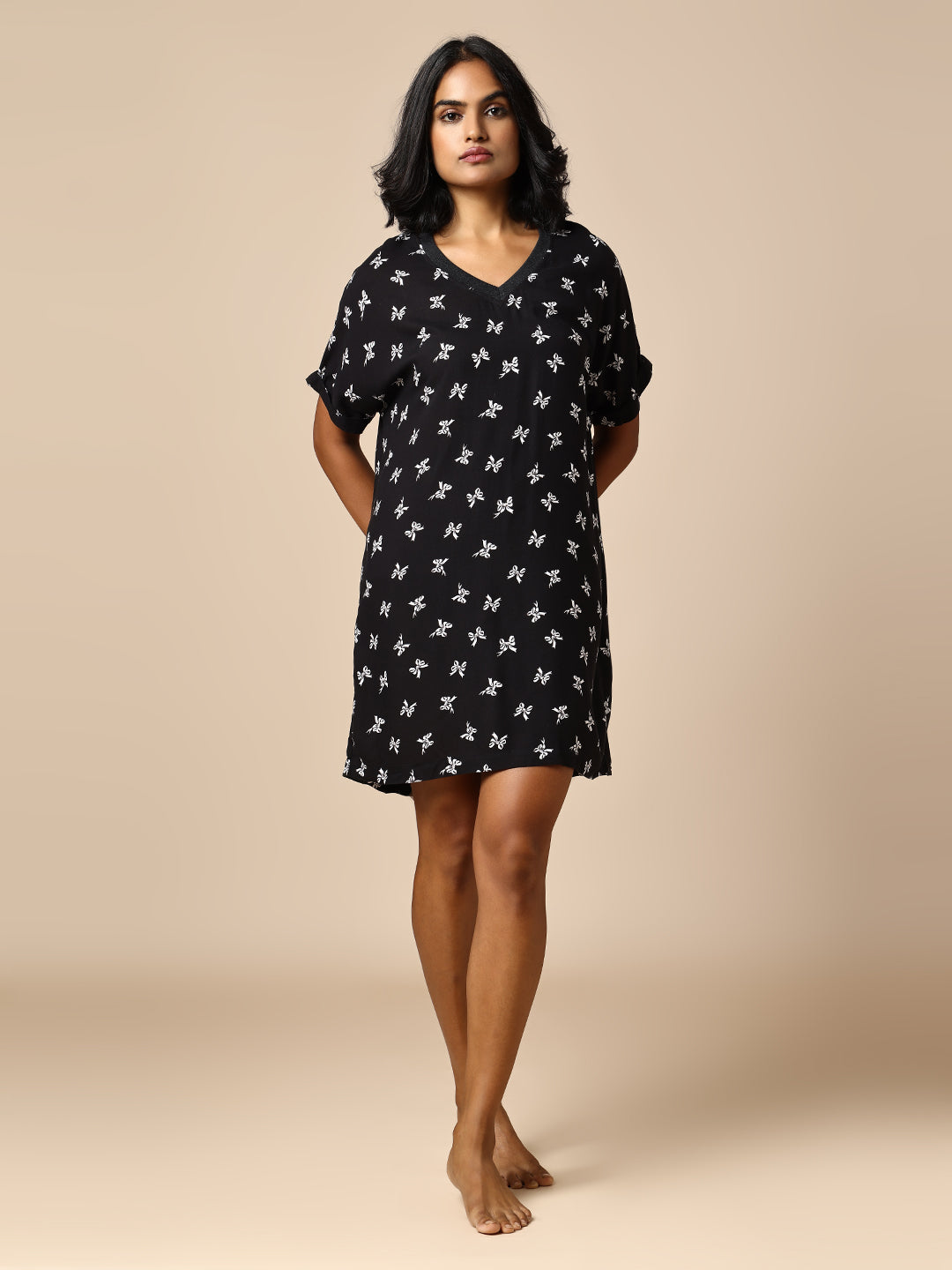BOW PRINTED VISCOSE POP OVER NIGHT DRESS