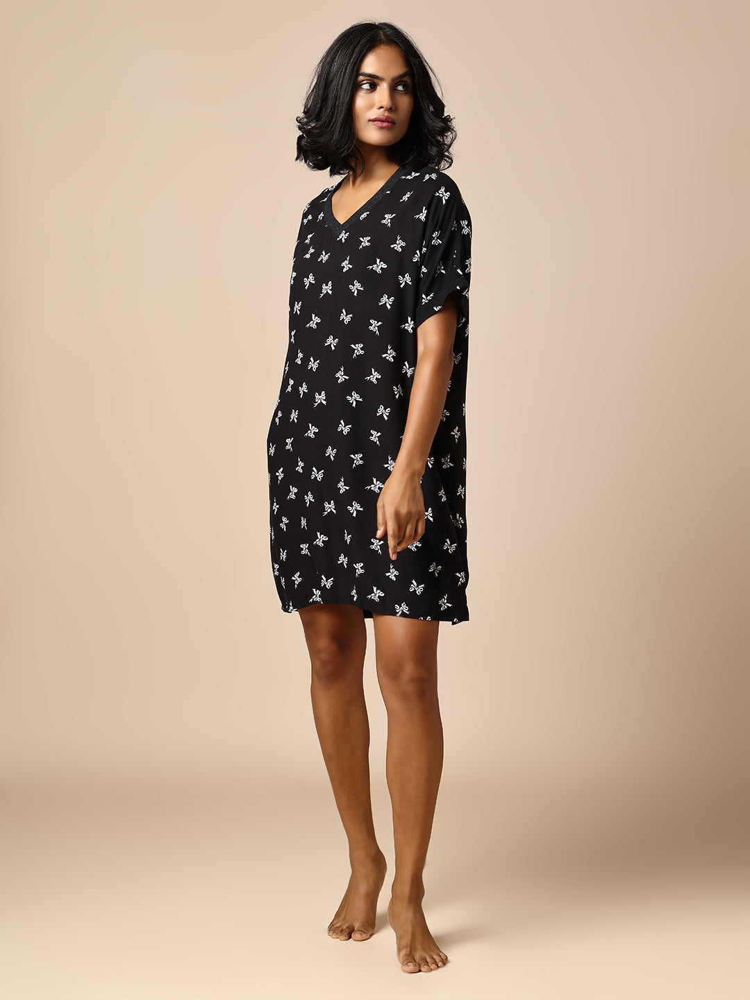 BOW PRINTED VISCOSE POP OVER NIGHT DRESS