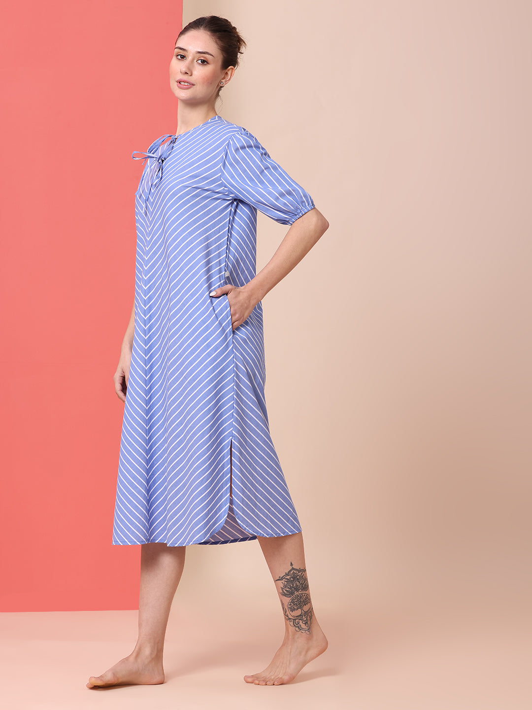 BIAS CUT STRIPED NIGHT DRESS