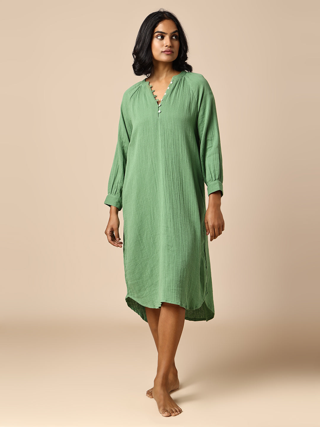CRINKLE DOUBLE COTTON CREPE LOUNGE DRESS