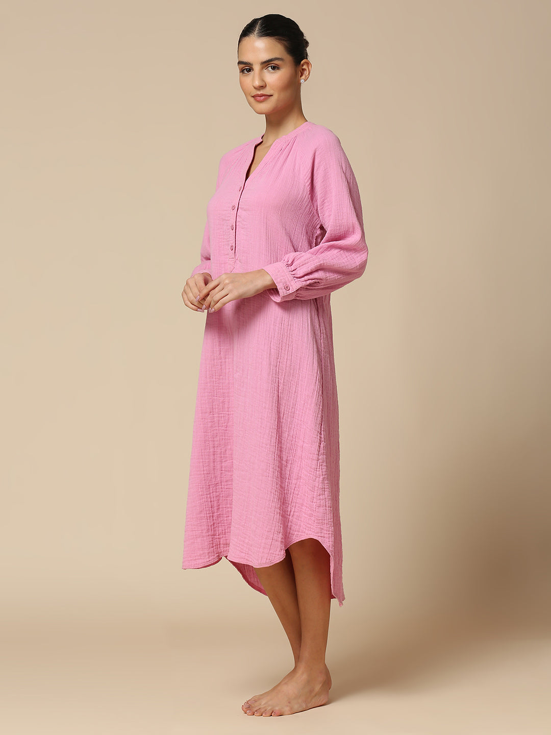 CRINKLE DOUBLE CREPE COTTON RAGLAN SLEEVE POP OVER NIGHTDRESS