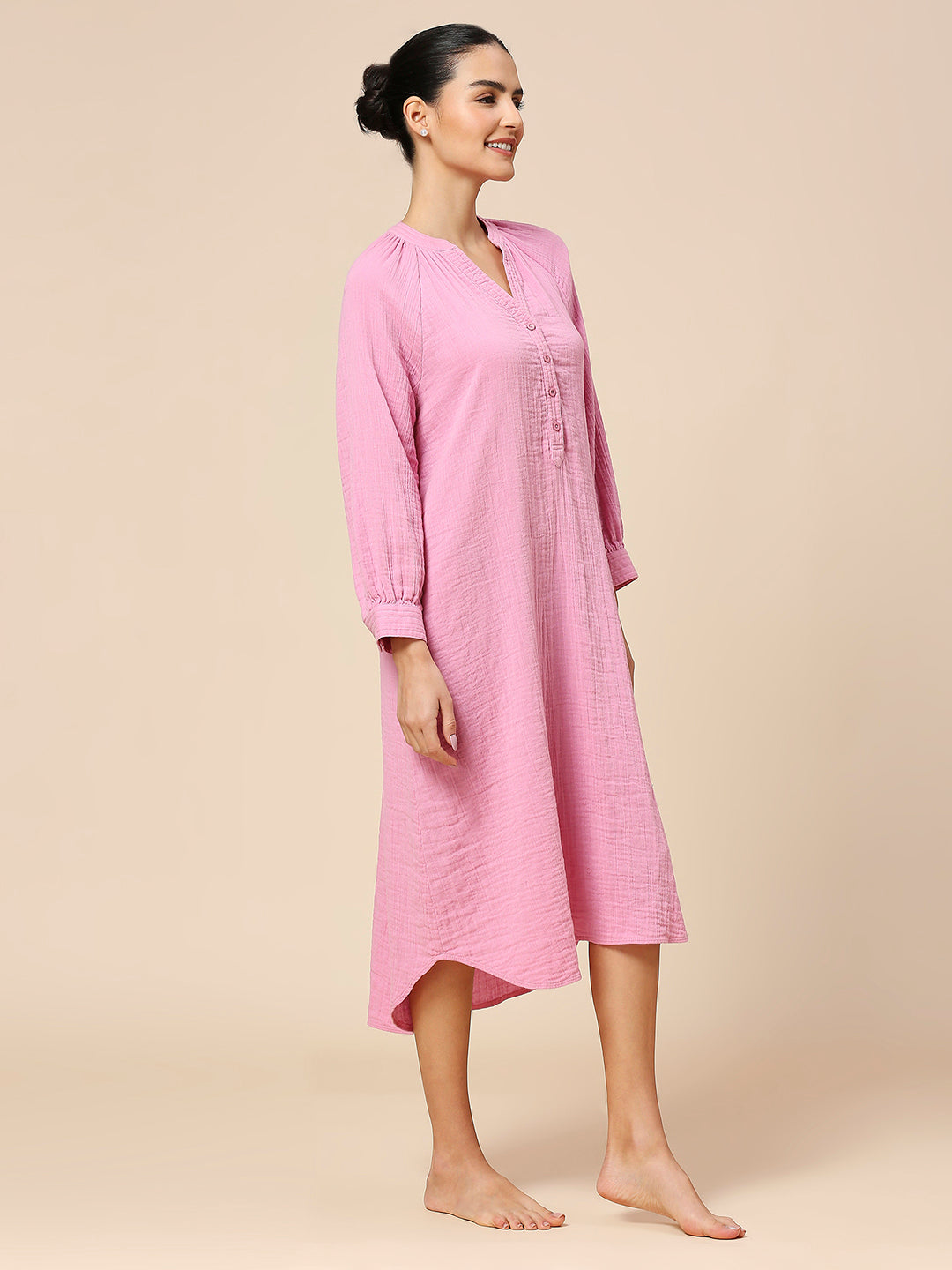 CRINKLE DOUBLE CREPE COTTON RAGLAN SLEEVE POP OVER NIGHTDRESS