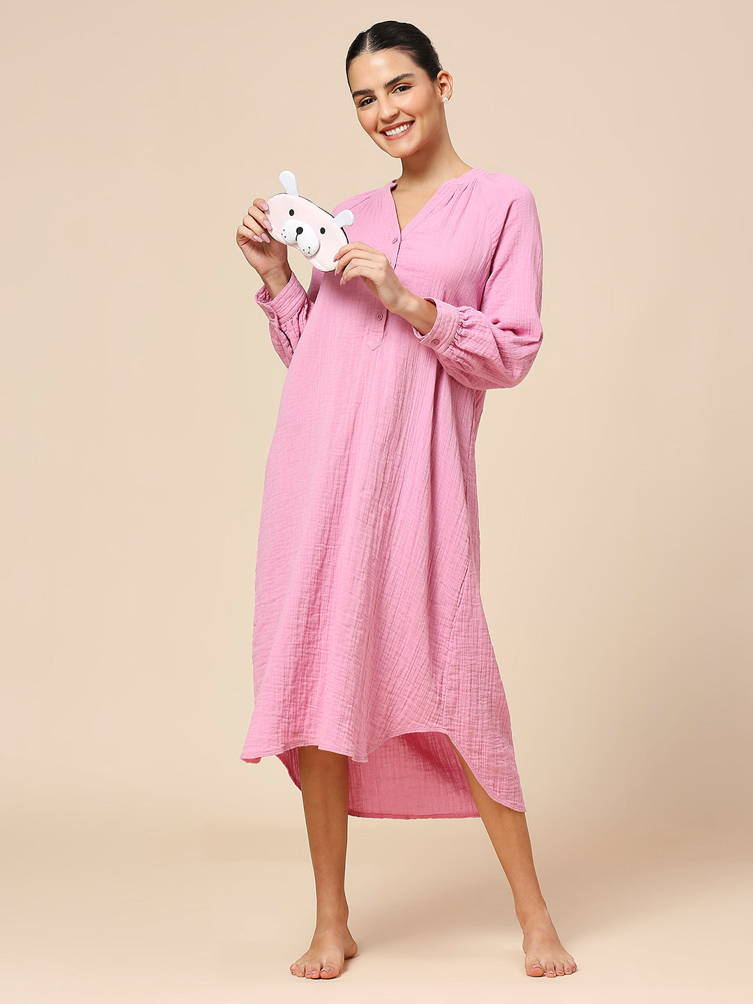 CRINKLE DOUBLE CREPE COTTON RAGLAN SLEEVE POP OVER NIGHTDRESS