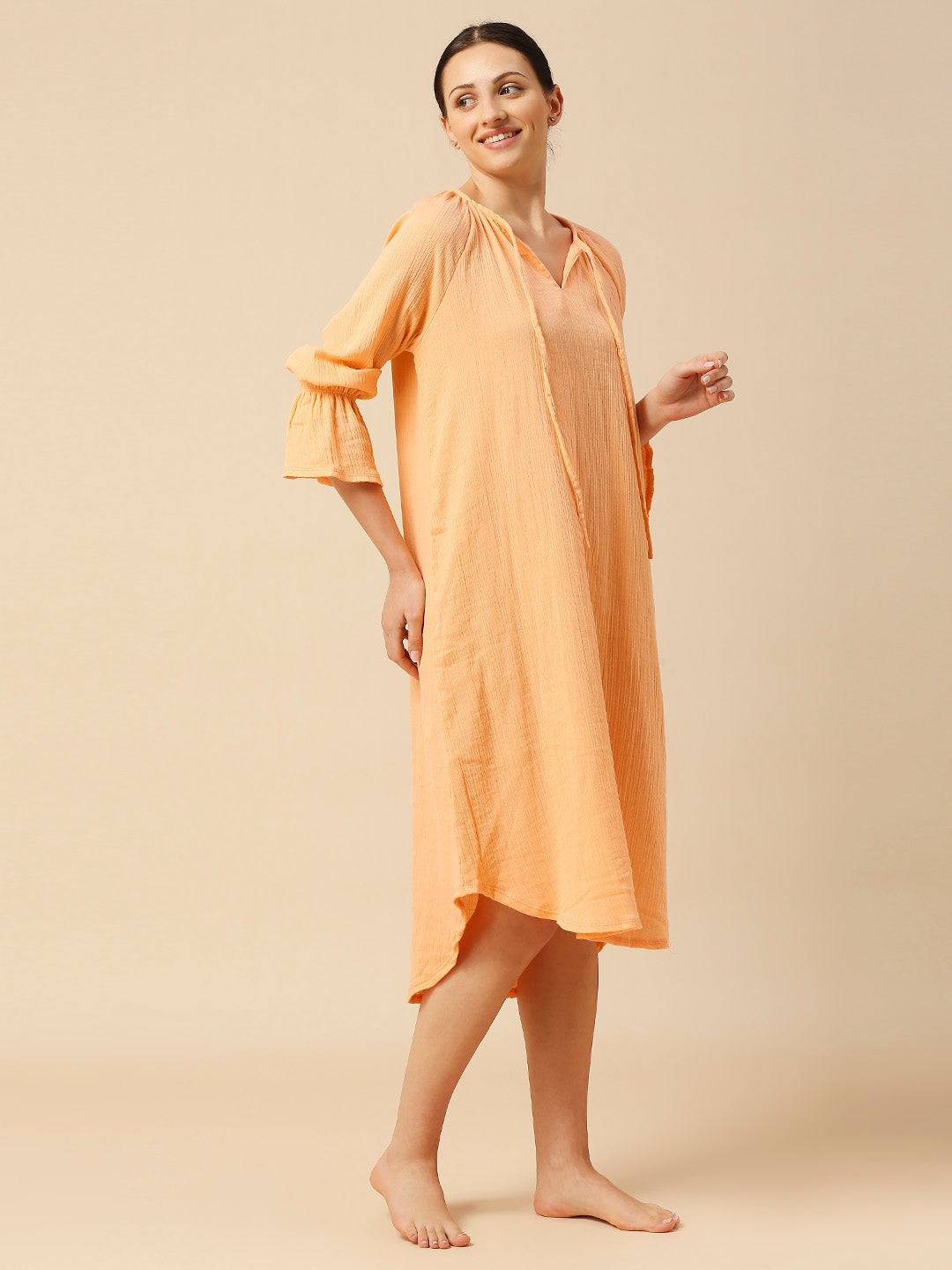 DOUBLE COTTON CRINKLE CREPE NIGHTDRESS W/ POET SLEEVES