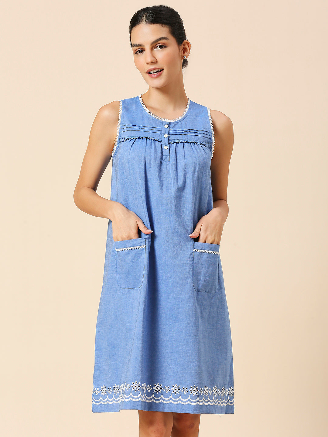 COTTON CHAMBRAY SCHIFFLI EMBROIDERED SWING NIGHT DRESS