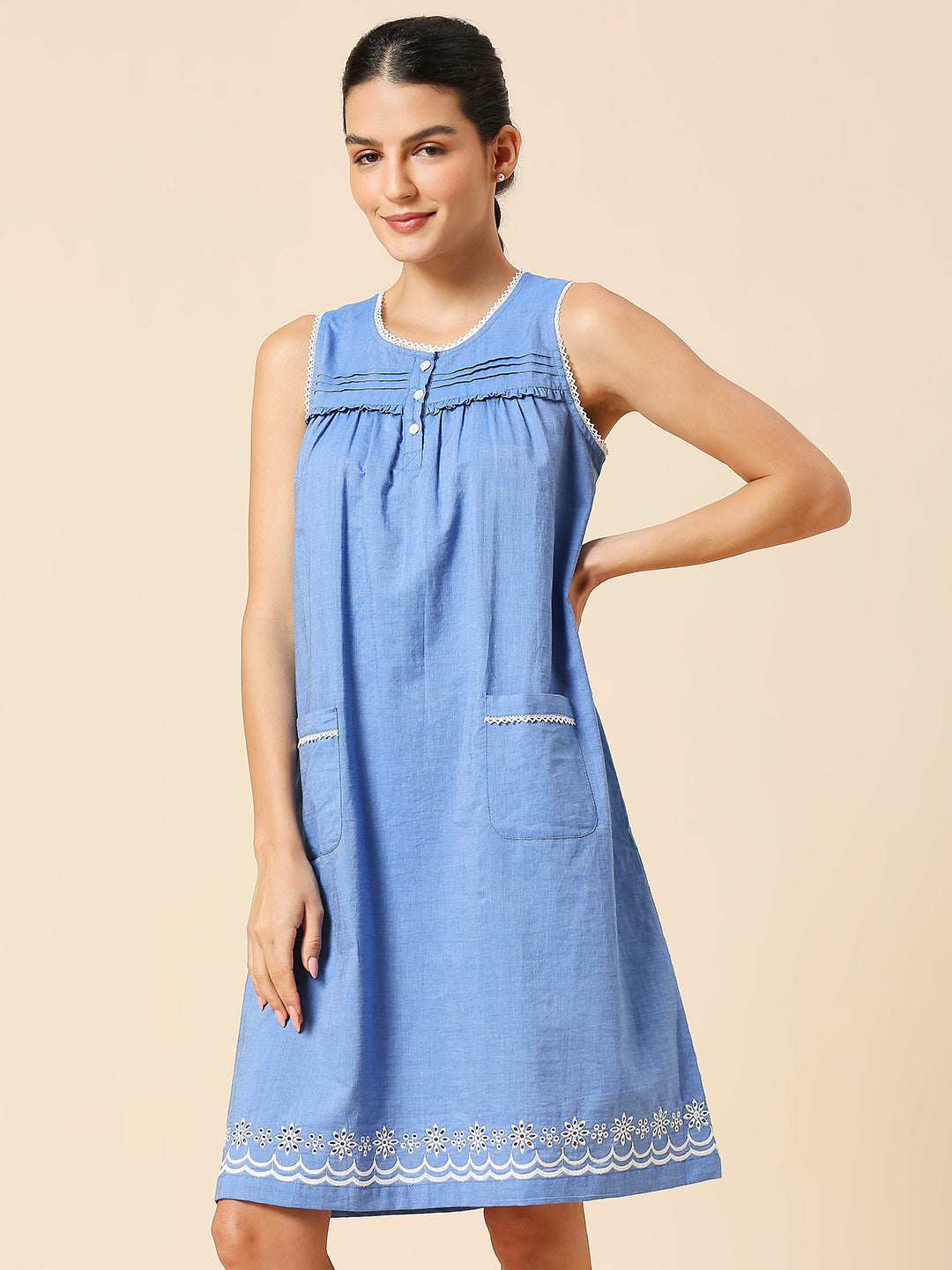 COTTON CHAMBRAY SCHIFFLI EMBROIDERED SWING NIGHT DRESS