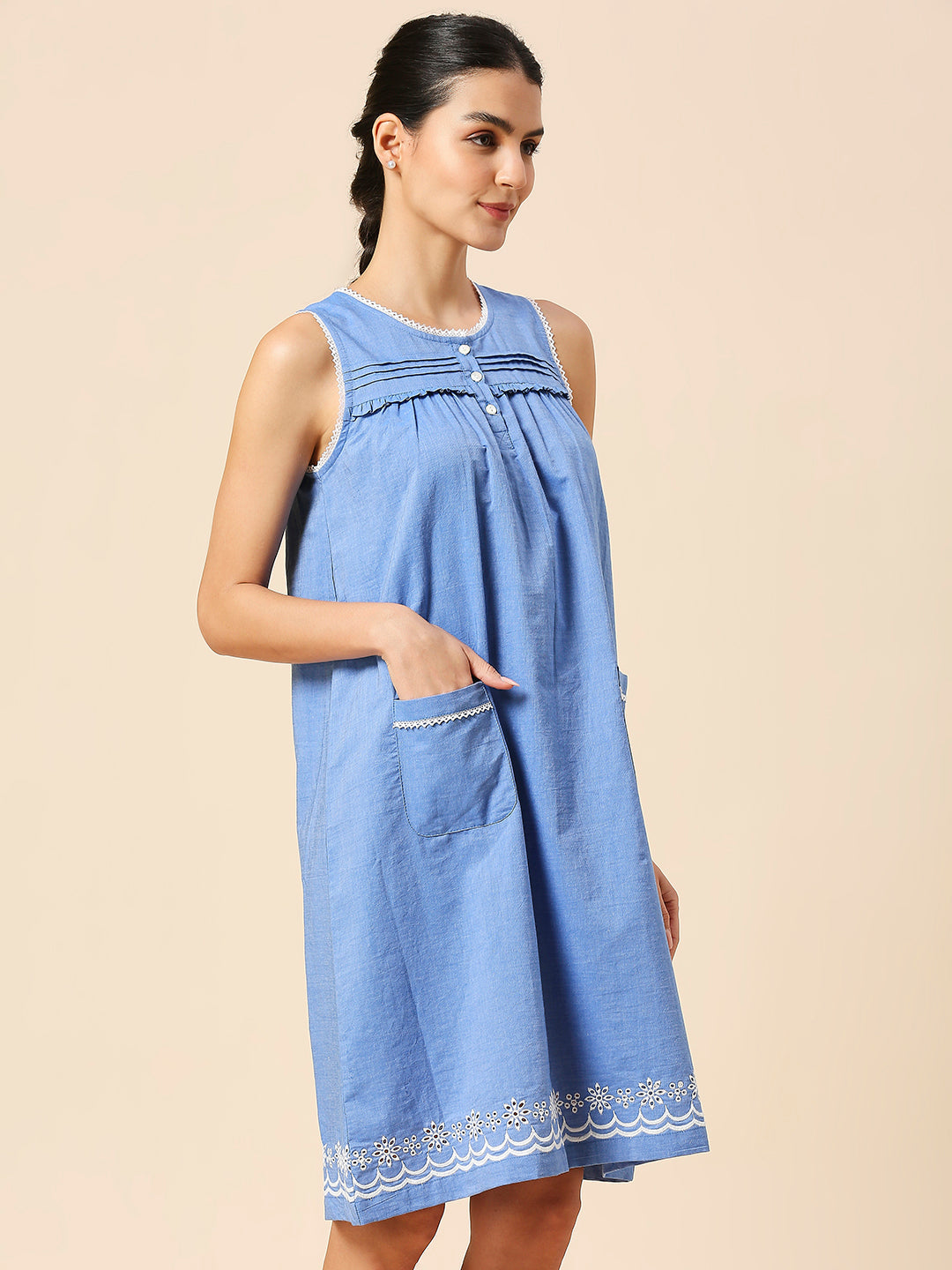 COTTON CHAMBRAY SCHIFFLI EMBROIDERED SWING NIGHT DRESS