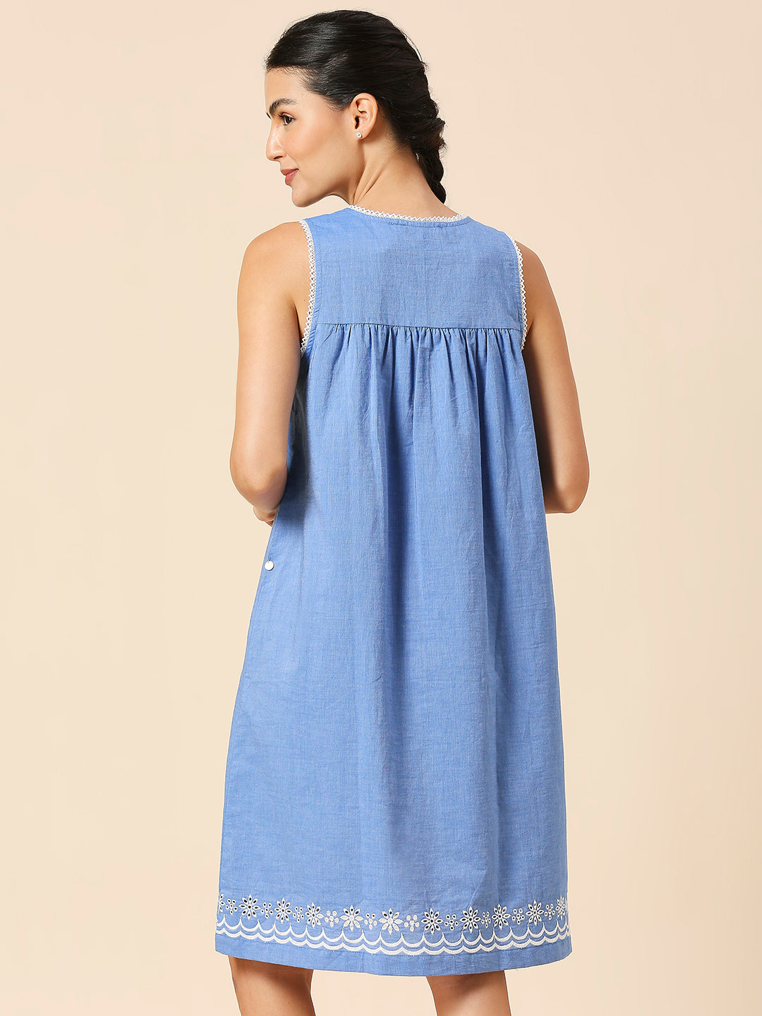 COTTON CHAMBRAY SCHIFFLI EMBROIDERED SWING NIGHT DRESS