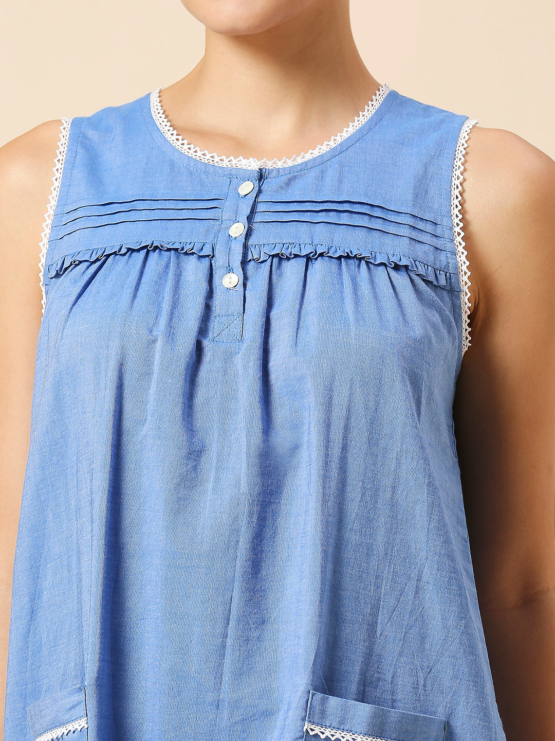 COTTON CHAMBRAY SCHIFFLI EMBROIDERED SWING NIGHT DRESS