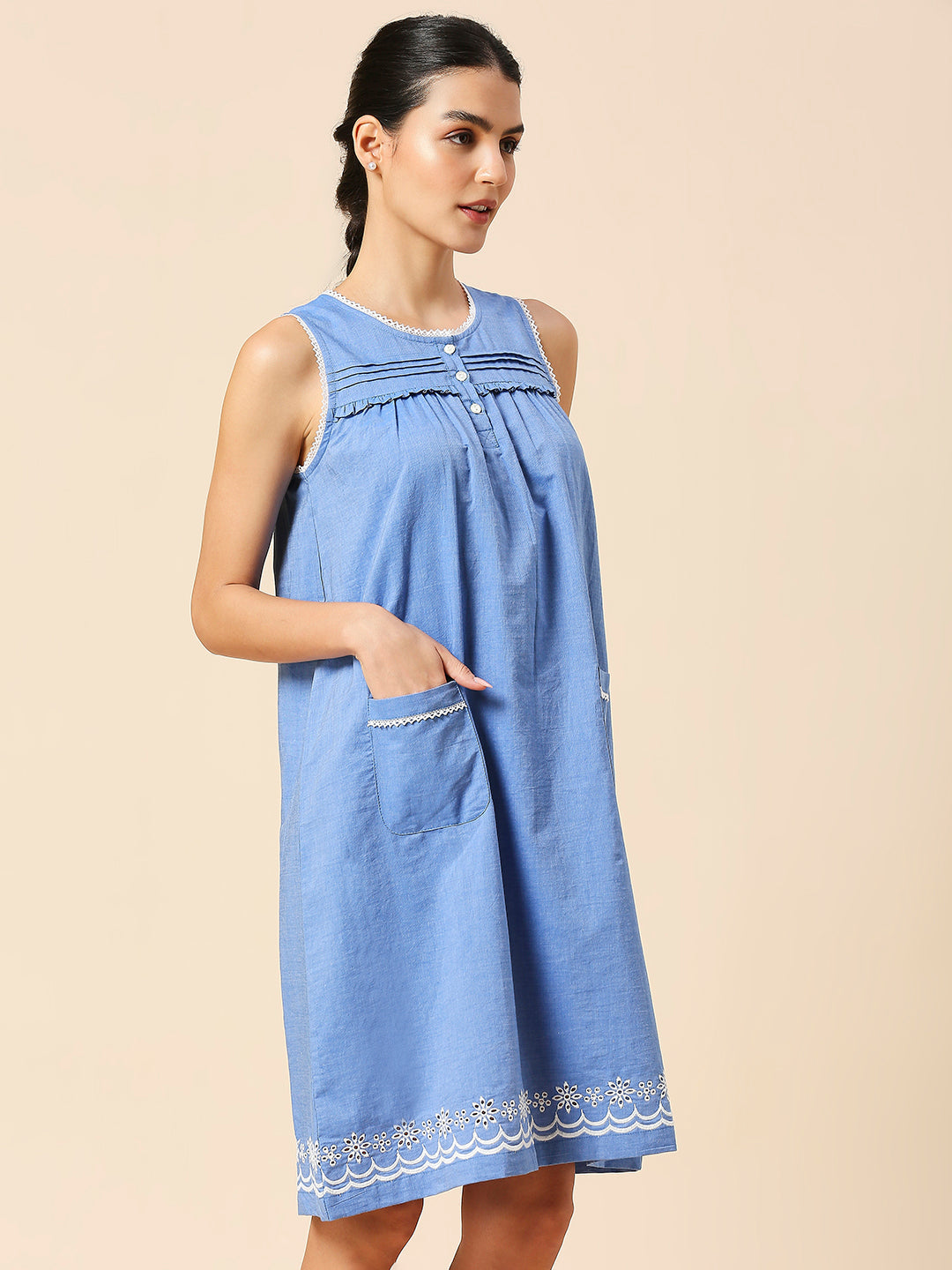 COTTON CHAMBRAY SCHIFFLI EMBROIDERED SWING NIGHT DRESS