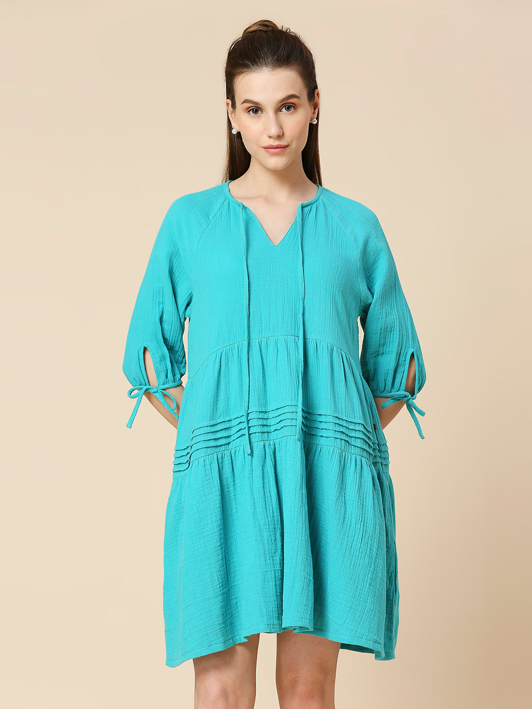 DOUBLE CLOTH CRINKLE COTTON TIERED LOUNGE DRESS WITH TIE - UPS