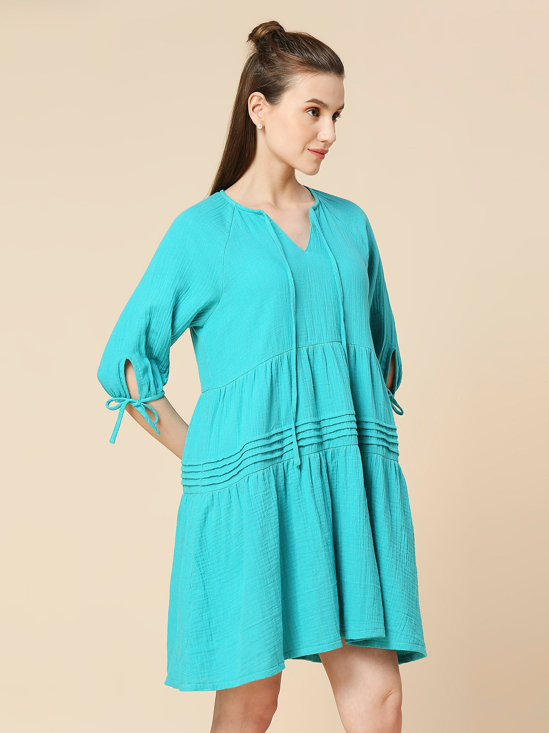 DOUBLE CLOTH CRINKLE COTTON TIERED LOUNGE DRESS WITH TIE - UPS