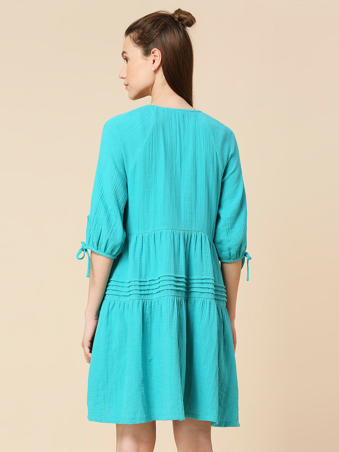 DOUBLE CLOTH CRINKLE COTTON TIERED LOUNGE DRESS WITH TIE - UPS