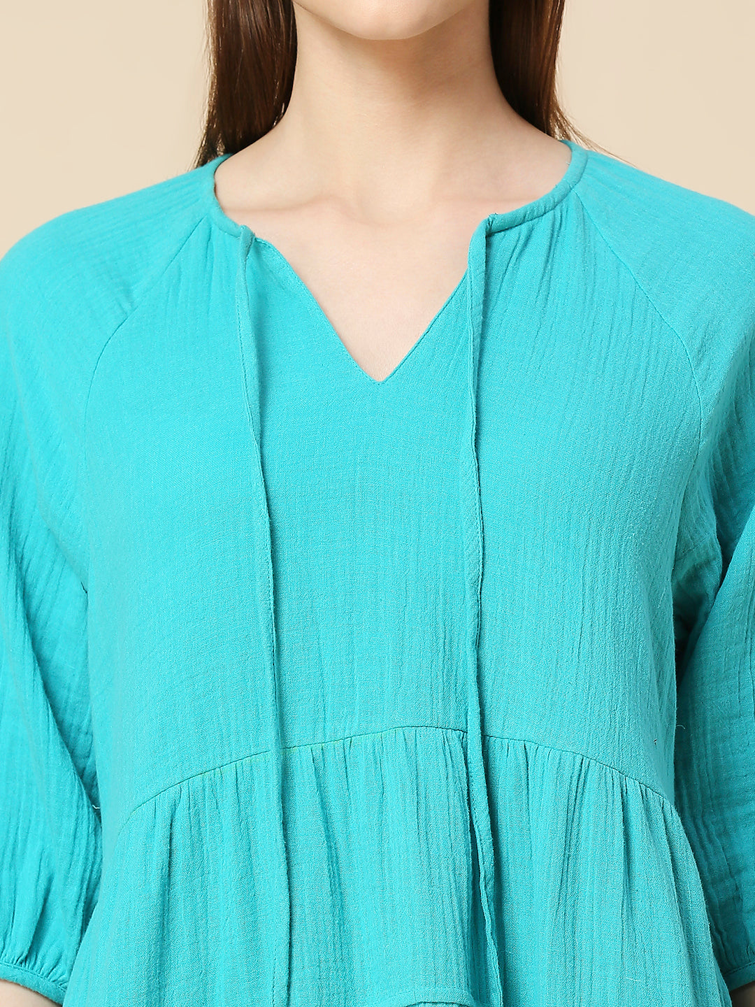 DOUBLE CLOTH CRINKLE COTTON TIERED LOUNGE DRESS WITH TIE - UPS