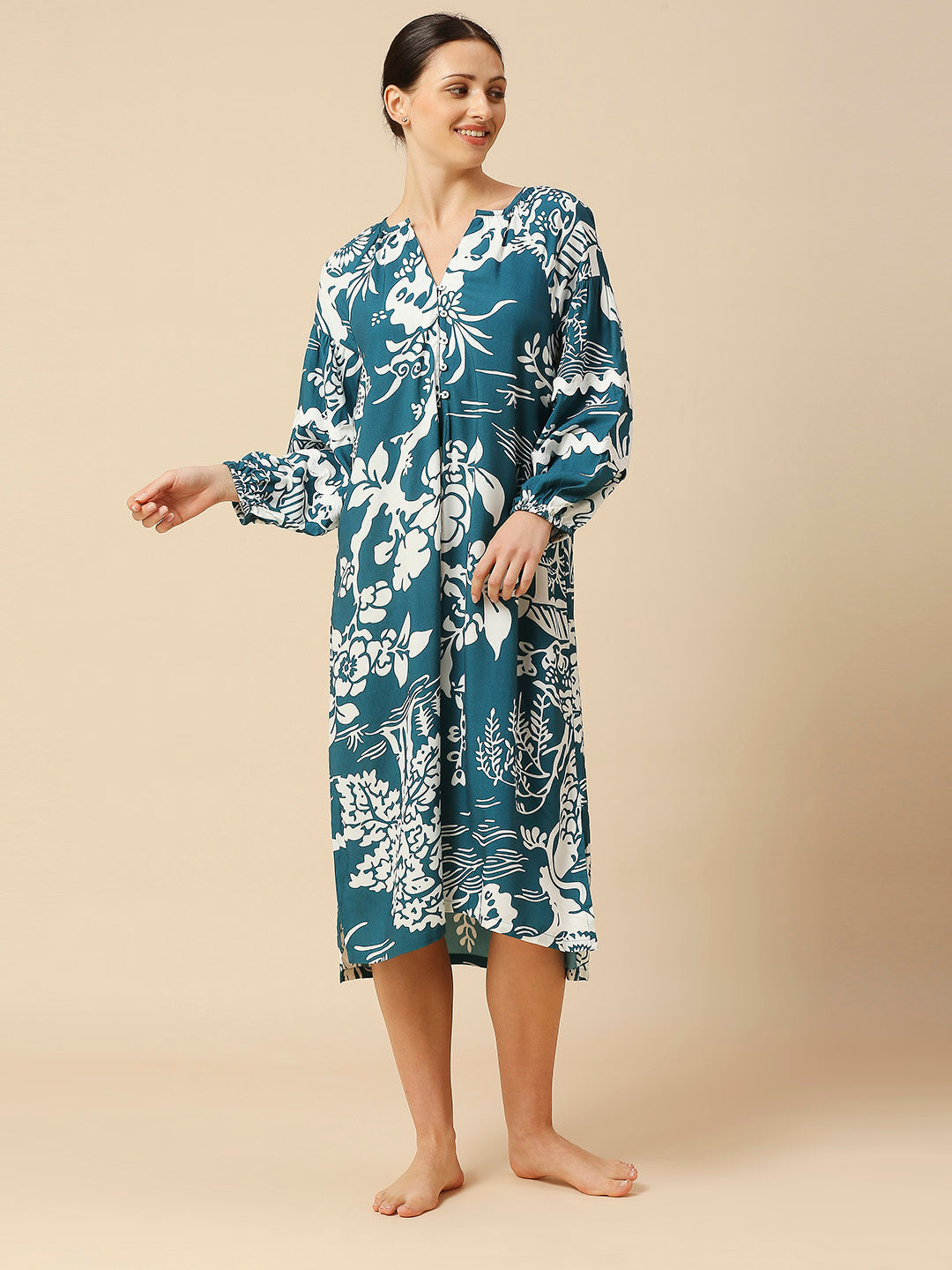 OVERBLOWN FLORAL PRINTED VISCOSE NIGHTDRESS W/ RIC RAC DETAILING