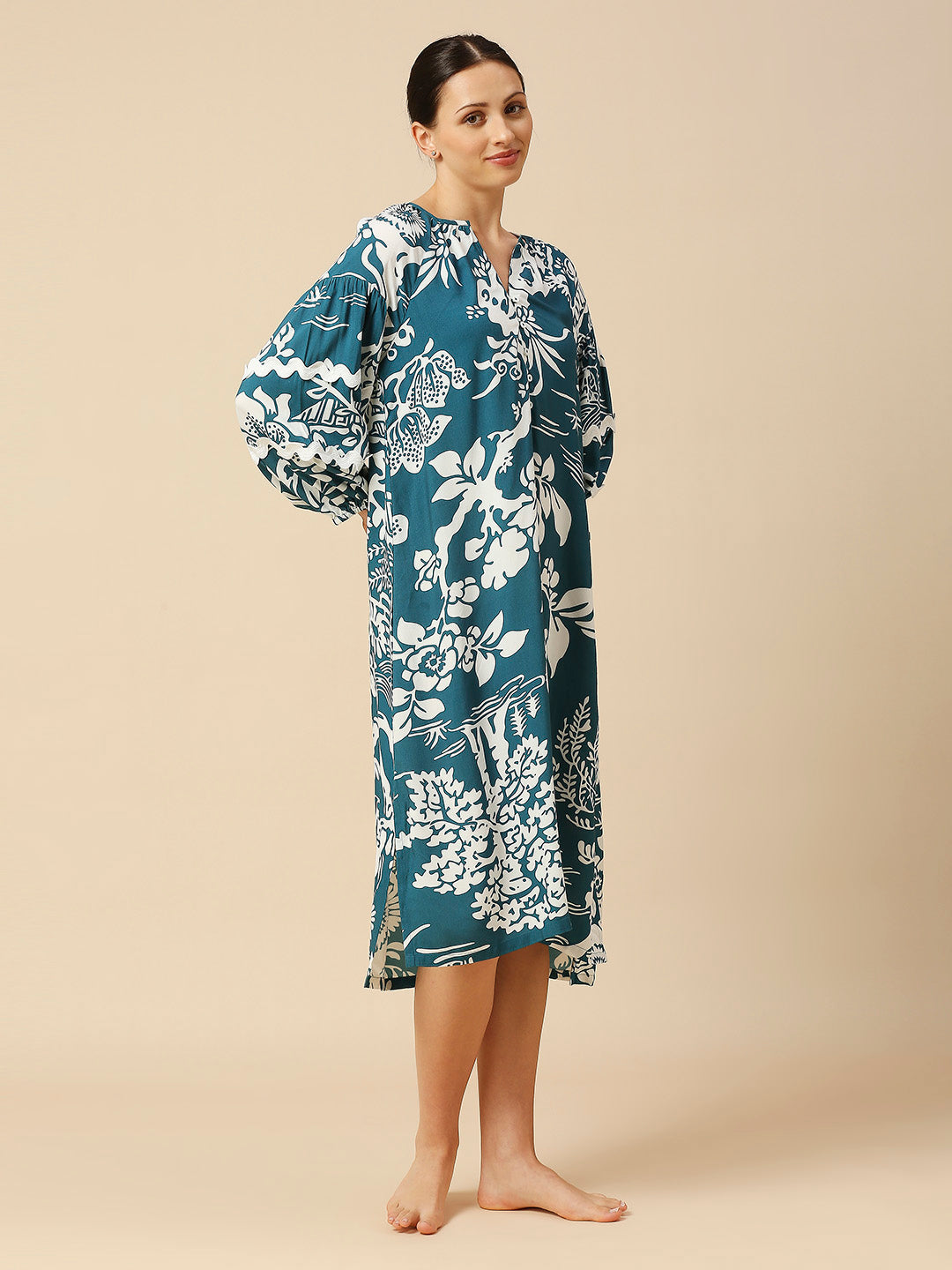 OVERBLOWN FLORAL PRINTED VISCOSE NIGHTDRESS W/ RIC RAC DETAILING