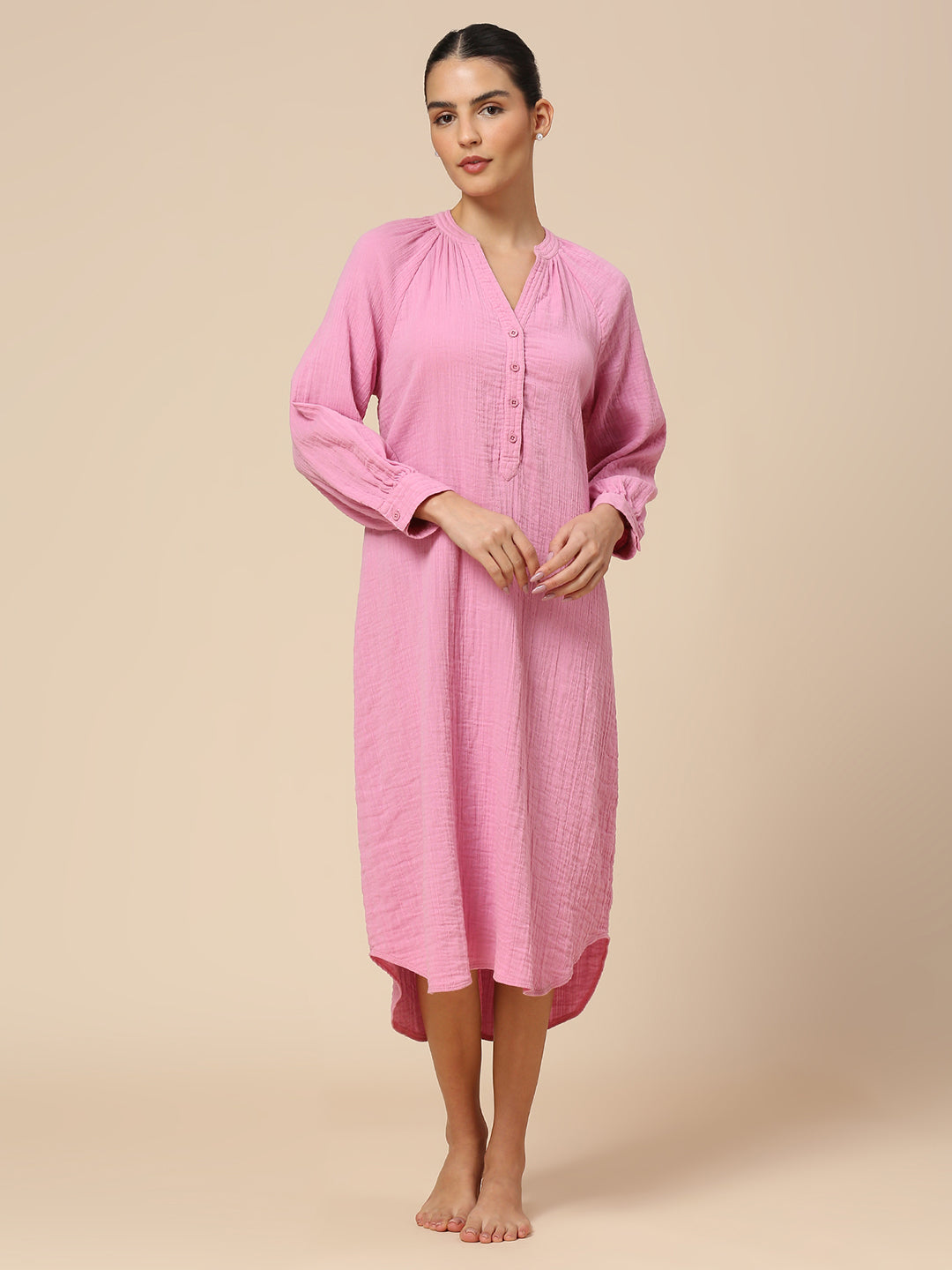 CRINKLE DOUBLE CREPE COTTON RAGLAN SLEEVE POP OVER NIGHTDRESS