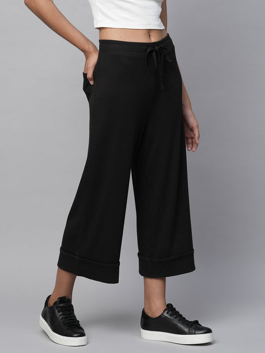 Ribbed Knit Wide Leg Cropped Lounge Pants With A Cuffed Hemline