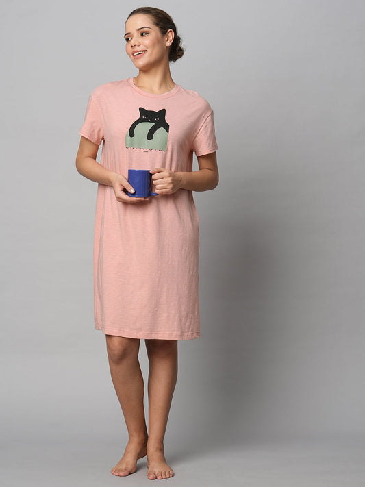 Cotton Slub Jersey Cat Print Tee Dress