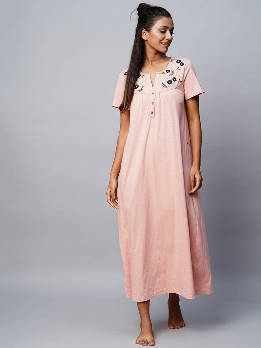 Cotton Slub Embroidered Yoke Nightdress
