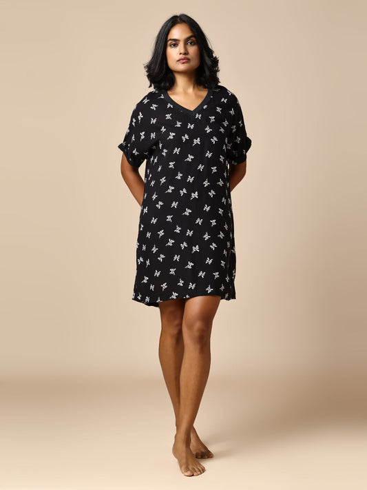 BOW PRINTED VISCOSE POP OVER NIGHT DRESS