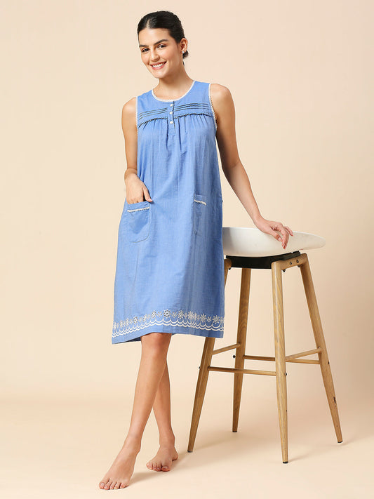 COTTON CHAMBRAY SCHIFFLI EMBROIDERED SWING NIGHT DRESS