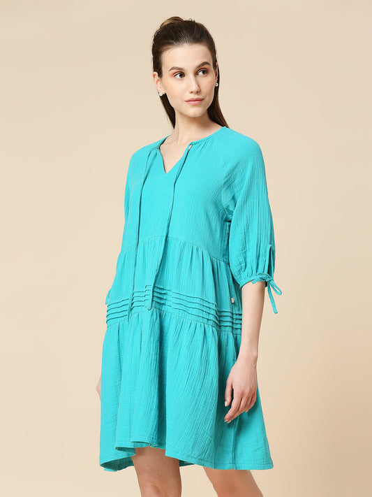 DOUBLE CLOTH CRINKLE COTTON TIERED LOUNGE DRESS WITH TIE - UPS