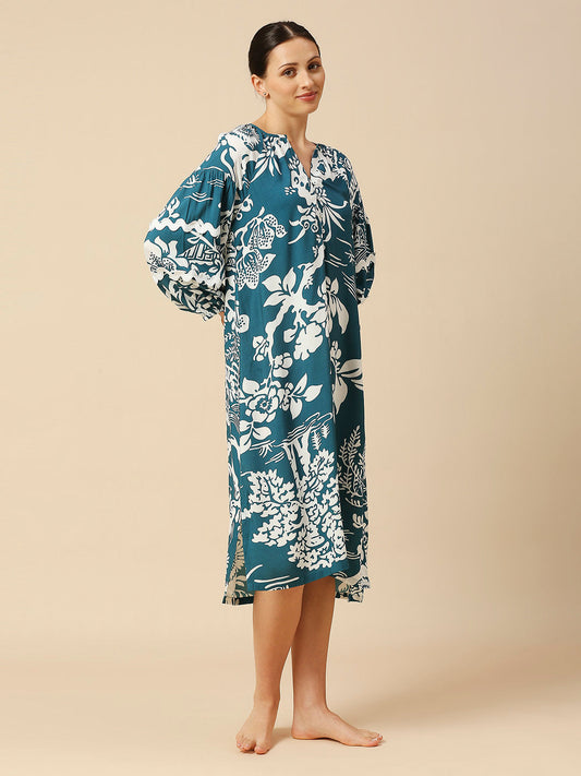 OVERBLOWN FLORAL PRINTED VISCOSE NIGHTDRESS W/ RIC RAC DETAILING