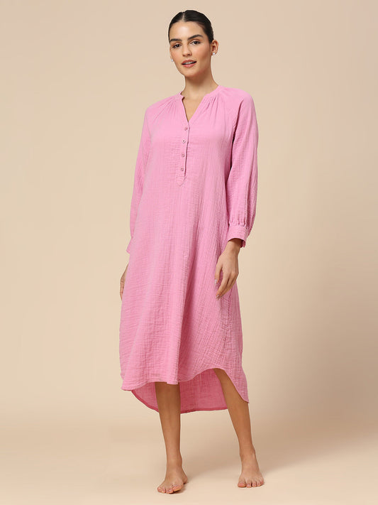 CRINKLE DOUBLE CREPE COTTON RAGLAN SLEEVE POP OVER NIGHTDRESS